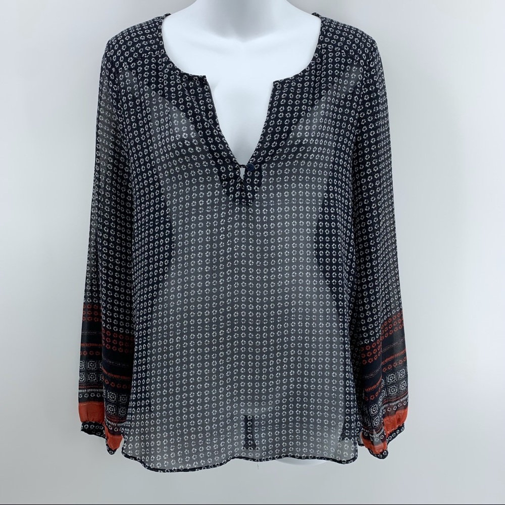 Sanctuary sheer women’s shirt, navy blue, orange, white, long sleeve, small